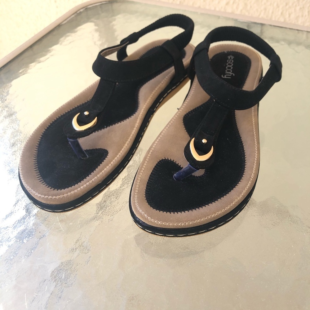 Socofy Black Suede Sandals w/ gold hardware